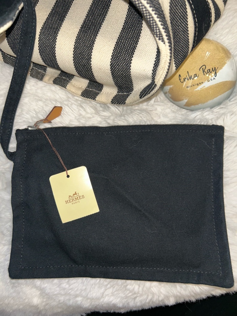 Hermes Black & White Striped Canvas Tote Bag - Picture 8 of 16